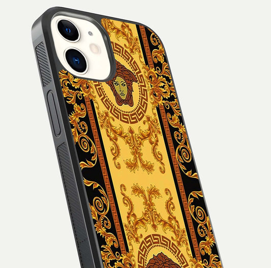 Golden Royal Heritage Glass Case for iPhone 12 Mini close-up angled shot showing intricate design and metallic reflection