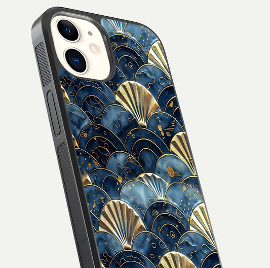 Golden Wave Luxe Glass Case for iPhone 12 Mini close-up angled shot showing flowing wave texture and reflection brightness
