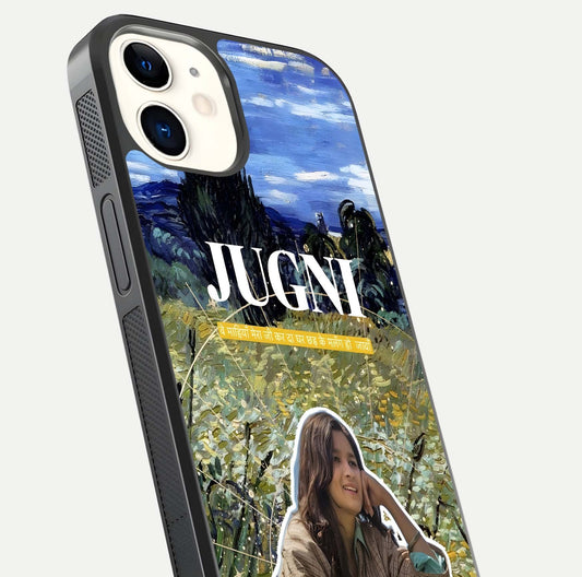 Jugni Soul Vibes Glass Case for iPhone 12 Mini close-up angled shot showing typography detail and vibrant gloss reflection