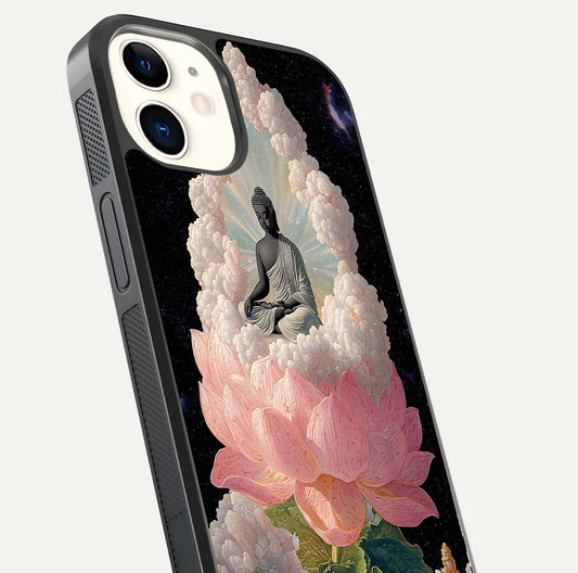 Lotus Divine Peace Glass Case for iPhone 12 Mini angled close-up showing delicate petals and gloss reflection