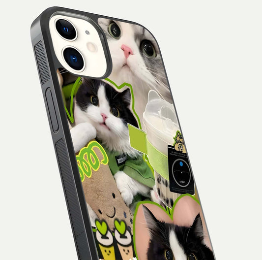 Matcha Cats Mood Glass Case for iPhone 12 Mini close-up angled shot showing adorable cat art and reflection detail