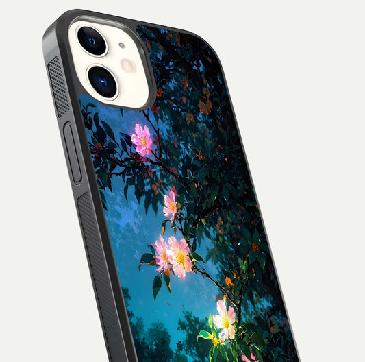 Midnight Bloom Glow Glass Case for iPhone 12 Mini close-up angled shot showing petal highlights and glow reflection