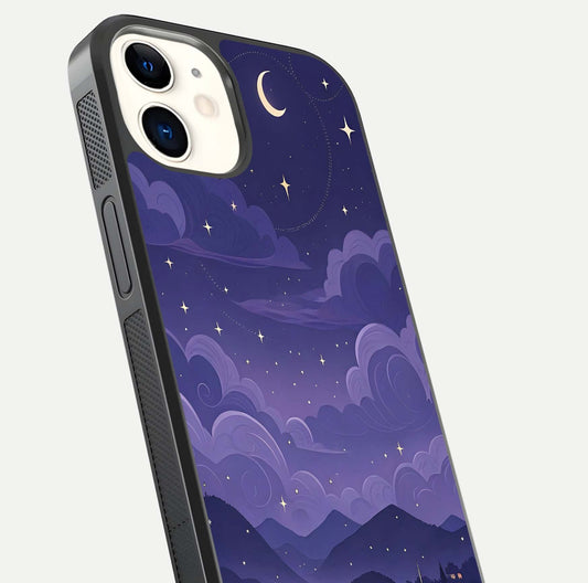 Minimal Night View Glass Case for iPhone 12 Mini close-up angled shot showing lights reflection and dark tone details