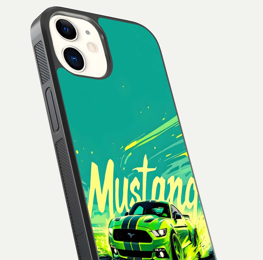 Mustang Bang Glass Case for iPhone 12 Mini close-up angled shot showing car emblem and HD reflection