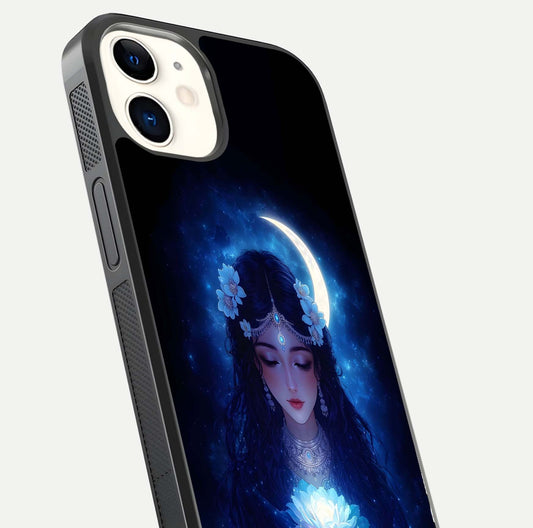 Mystic Moon Queen Glass Case for iPhone 12 Mini close-up angled shot showing shine and lunar tones