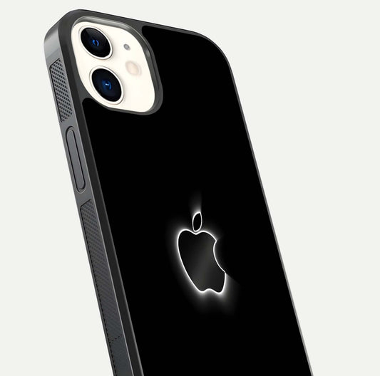 Neon Apple Glow Glass Case for iPhone 12 Mini close-up angled shot highlighting neon reflection and color pop
