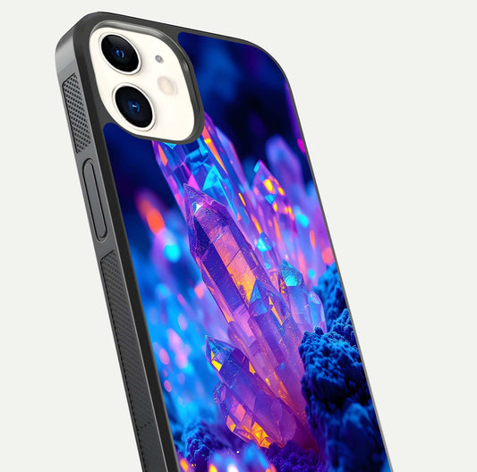 Neon Aura Shards Glass Case for iPhone 12 Mini close-up angled shot highlighting fragment pattern and reflection