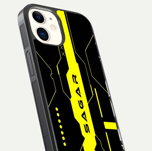 Neon CYBERPUNK Custom Name Glass Case for iPhone 12 Mini close-up angled shot highlighting electric colors and reflection
