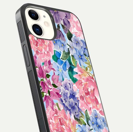 Pastel Floral Mix Glass Case for iPhone 12 Mini close-up angled shot highlighting flower detail and reflection