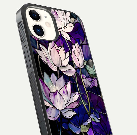 Purple Lotus Pattern Glass Case for iPhone 12 Mini close-up angled shot showing petal texture and HD reflection
