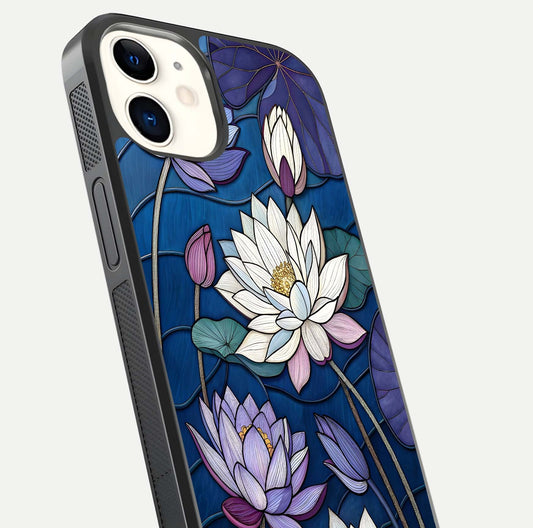 Purple Lotus Stained Glass Case for iPhone 12 Mini close-up angled shot highlighting glass pattern and reflection