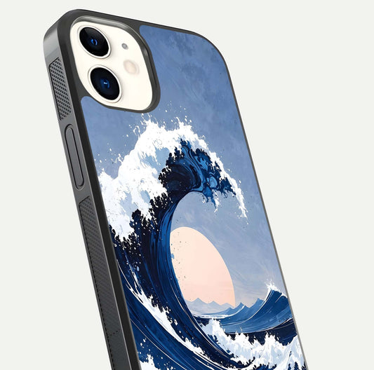 Rising Tide Power Glass Case for iPhone 12 Mini close-up angled shot highlighting water motion and reflection