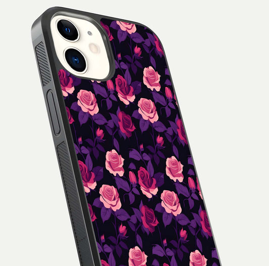 Rose Garden Twilight Glass Case for iPhone 12 Mini close-up angled shot highlighting rose contrast and reflection