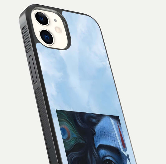 Spiritual Krishna Glass Case for iPhone 12 Mini close-up angled shot showing HD print, color tone, and reflection