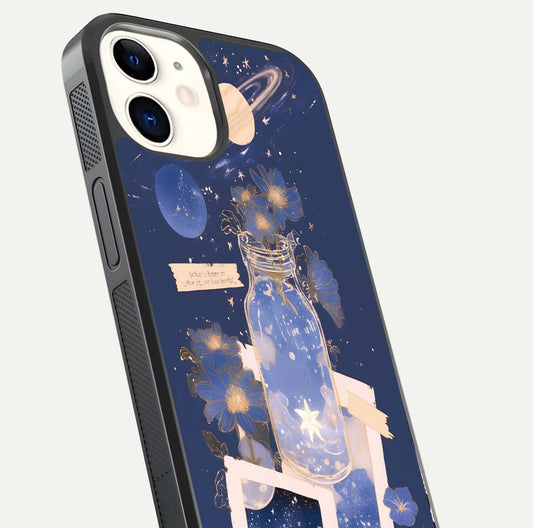 Starlit Cosmic Jar Glass Case for iPhone 12 Mini close-up angled shot highlighting stars, reflections, and HD shine