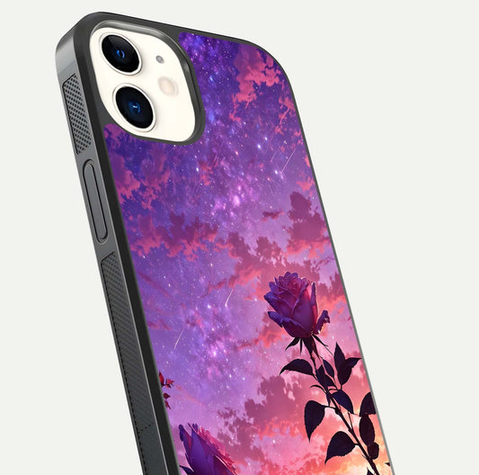 Starlit Rose Twilight Glass Case for iPhone 12 Mini close-up angled shot highlighting rose detail and reflection