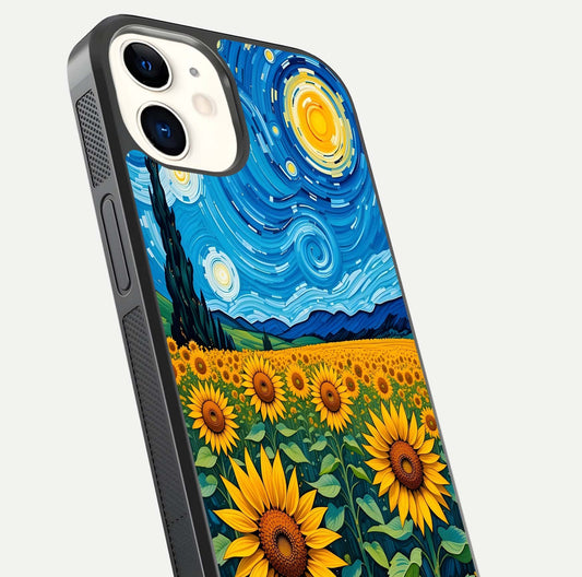 Starry Sunflower Dreams Glass Case for iPhone 12 Mini close-up angled shot highlighting petal texture and gloss