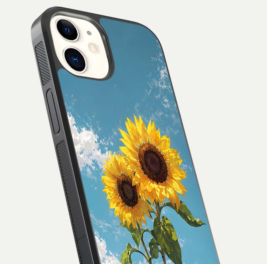 Sunflower Sky Bloom Glass Case for iPhone 12 Mini close-up angled shot highlighting petal details and reflection