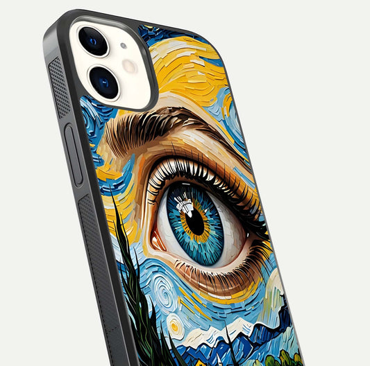 Van Gogh Eye Glass Case for iPhone 12 Mini close-up angled shot highlighting color blend and gloss reflection