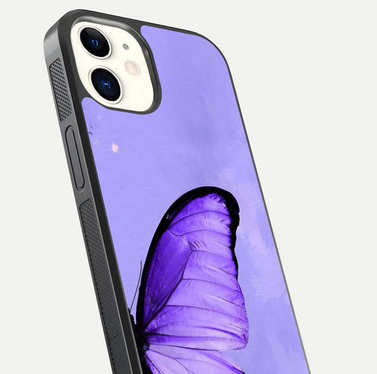Violet Dream Wing Glass Case for iPhone 12 Mini close-up angled shot highlighting wing texture and reflection