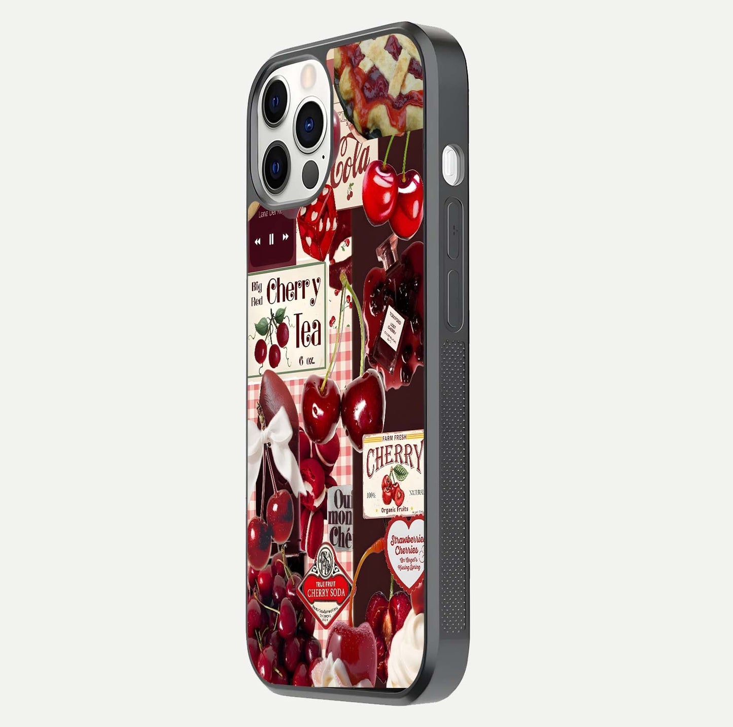 Aesthetic Cherry Tea Glass Case for iPhone 12 Pro side-angle image showing cherry collage print, camera module, and glossy finish reflection