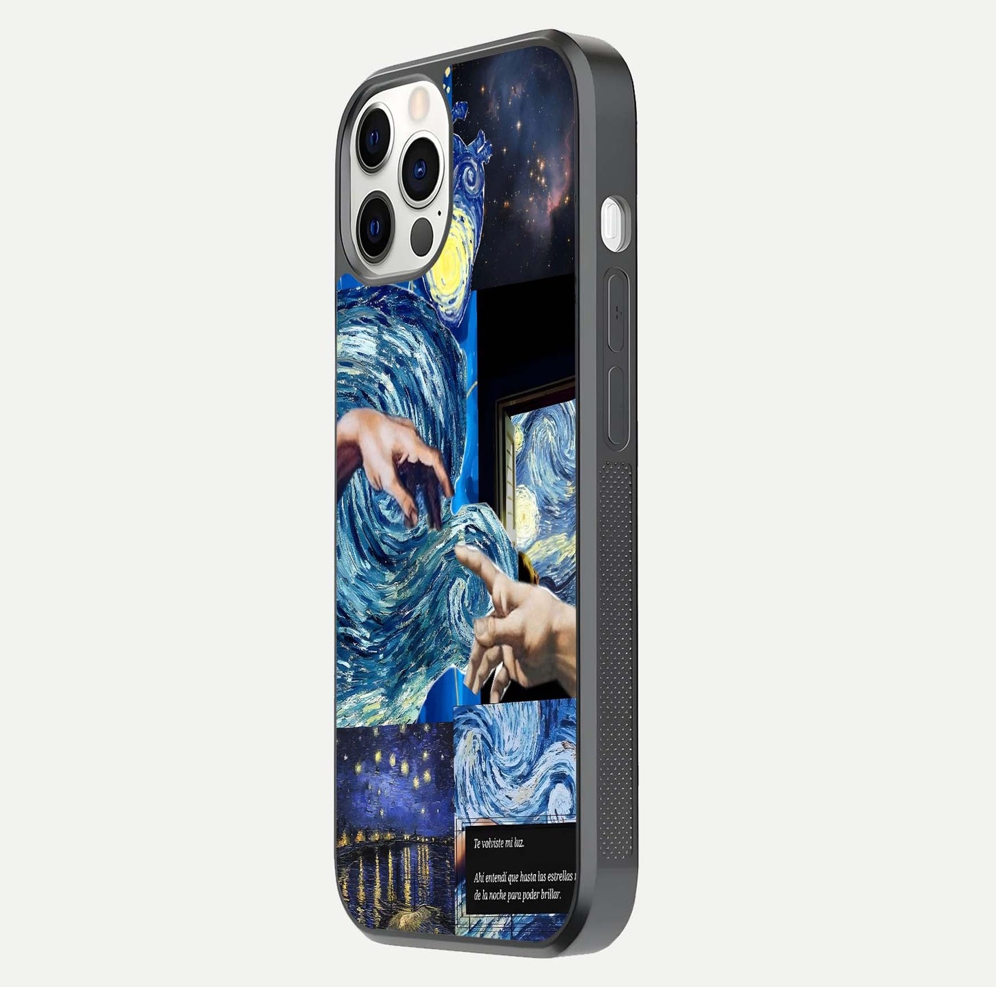Aesthetic Vando Hands Glass Case for iPhone 16 Pro side-angle image showcasing hand design, protective edges, and gloss texture