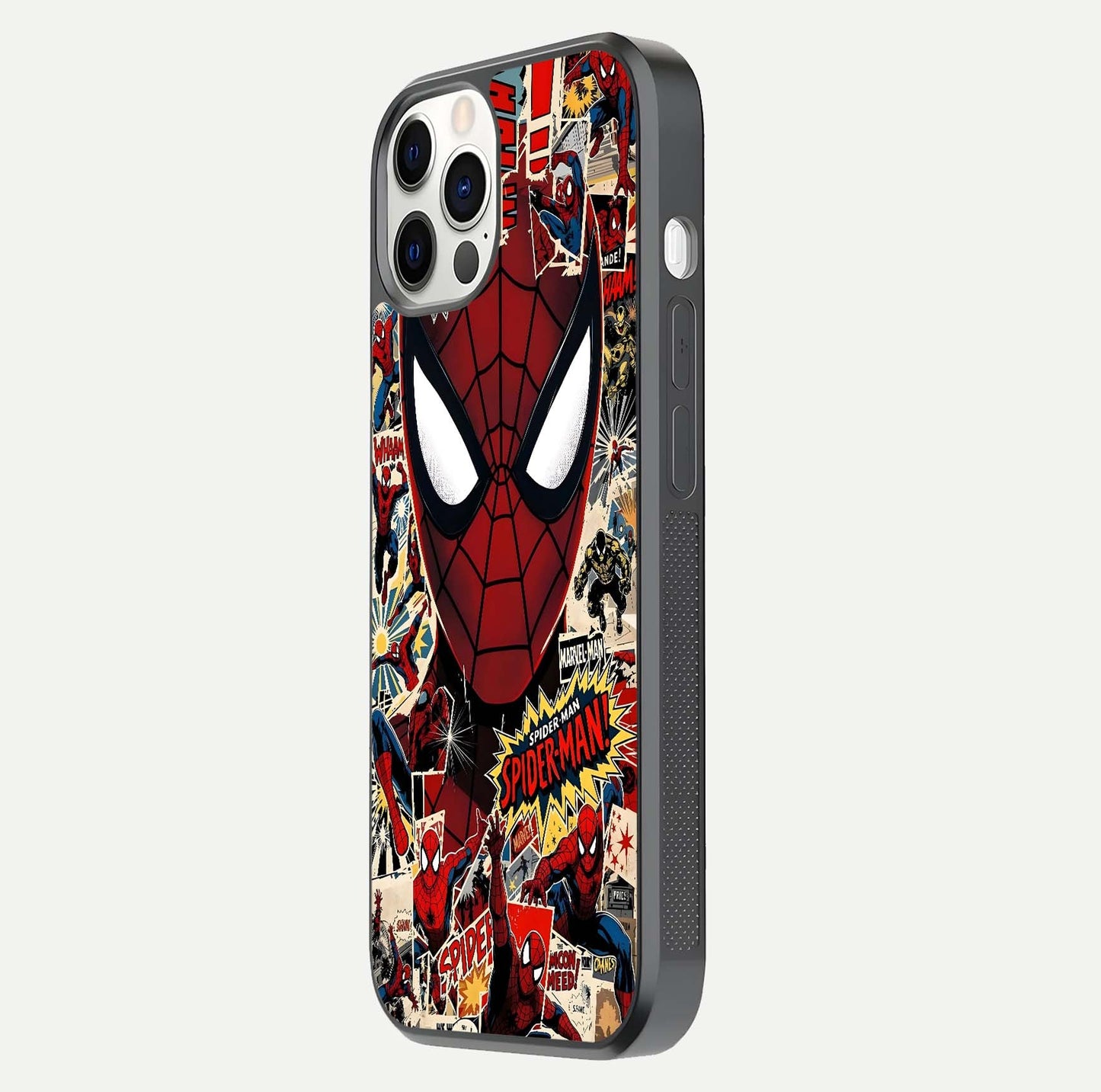 Aesthetic Wonder Spider Glass Case for iPhone 16 Pro side-angle shot showing red-blue tones and durable protective frame