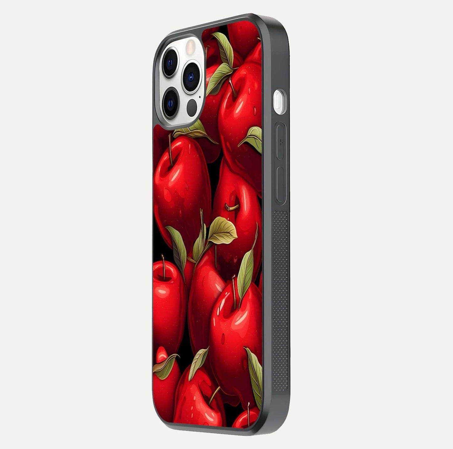 Apple Pattern Glass Case for iPhone 12 Mini side-angle image showcasing minimalist apple print and gloss reflection