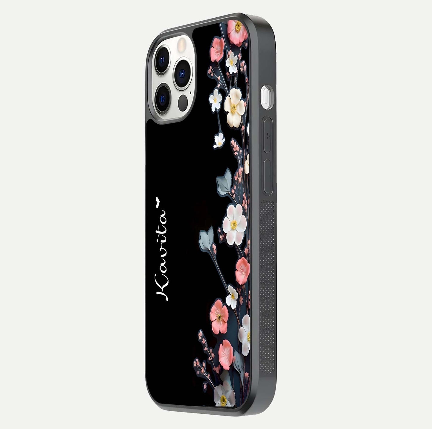 Black Elegance Floral Custom Name Glass Case for iPhone 16 Pro side-angle showing black gloss depth and delicate print texture