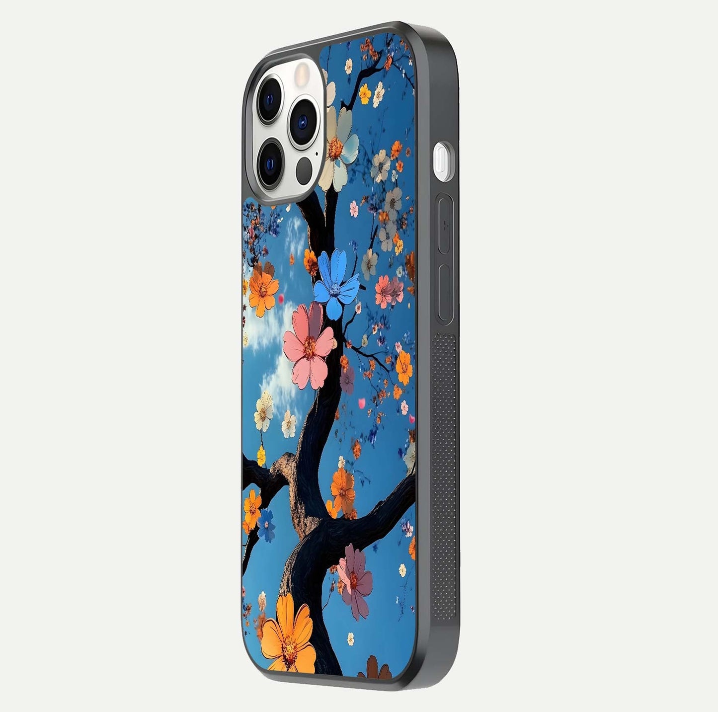 Blossom Dream Sky Glass Case for iPhone 12 Pro side-angle photo showing flower details, edge curve, and reflection shine