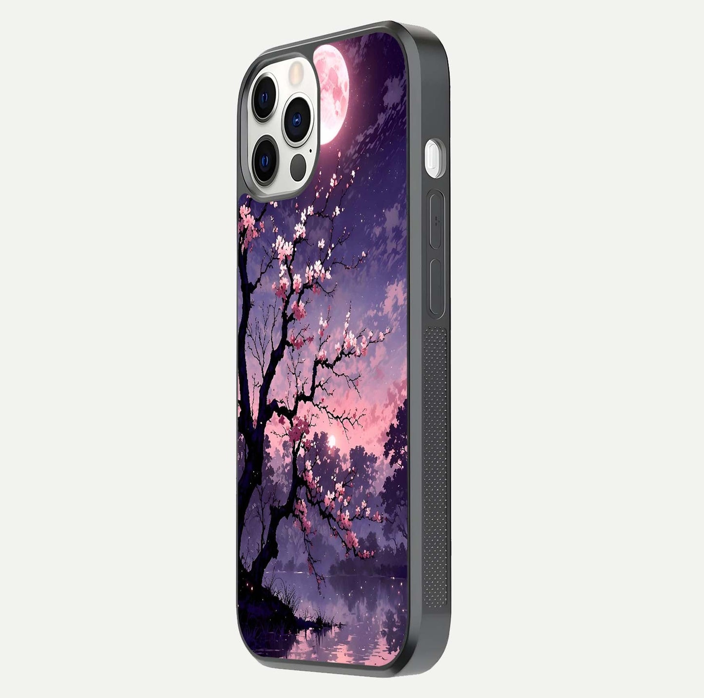 Blossom Pink Moon Glass Case for iPhone 12 Pro side-angle image showing glossy curve and floral-moon balance