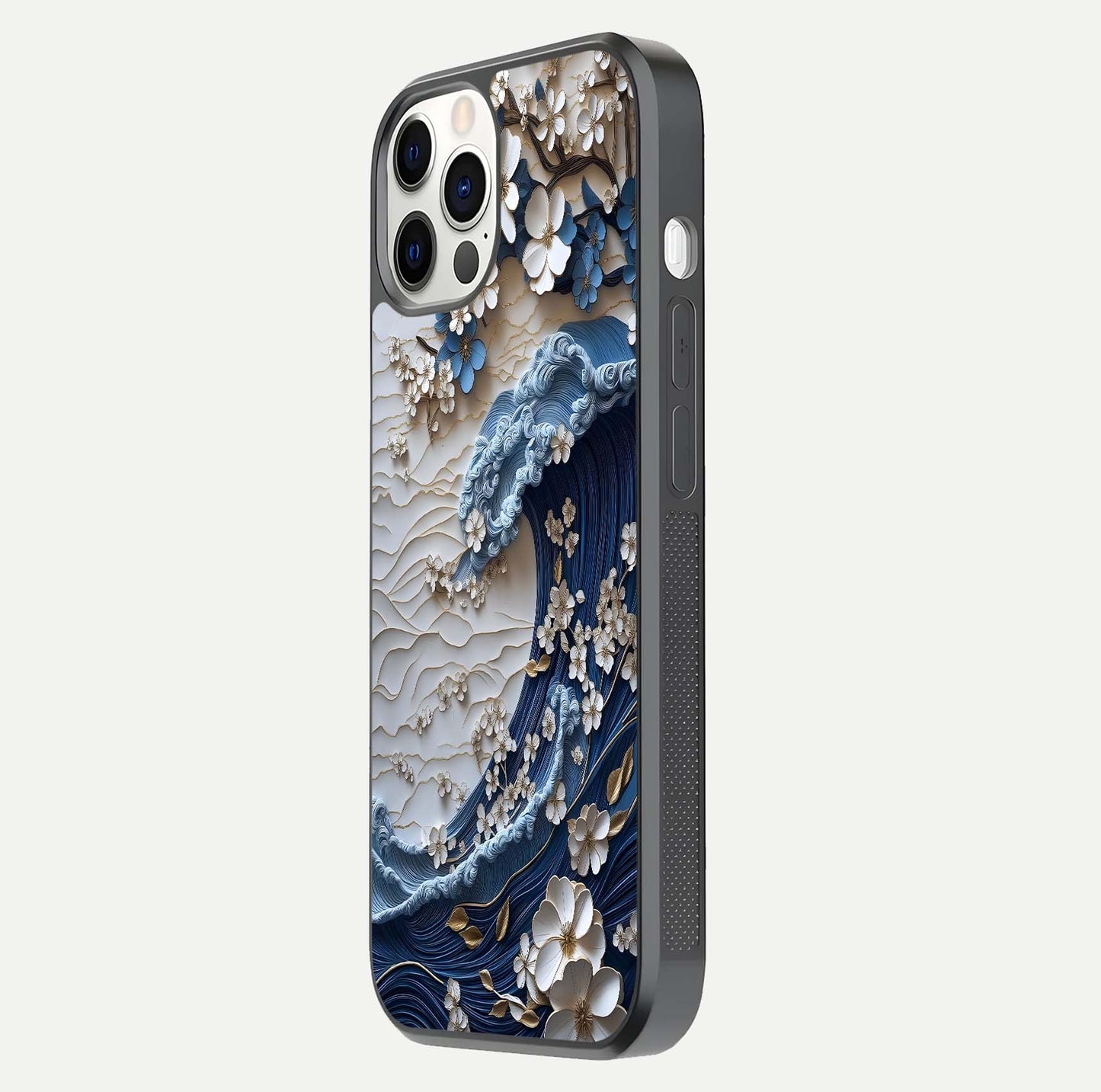 Blossom Wave Art Glass Case for iPhone 12 Pro side-angle view showing wave-flow print and gloss edge finish