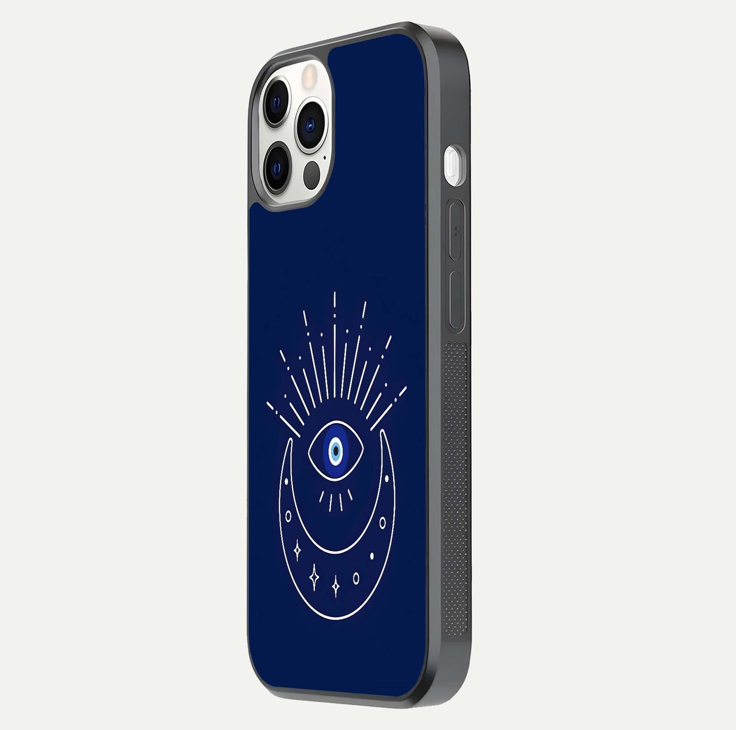 Blue Evil Eye Glass Case for iPhone 12 Pro side-angle view showing edge glow, color balance, and reflective surface