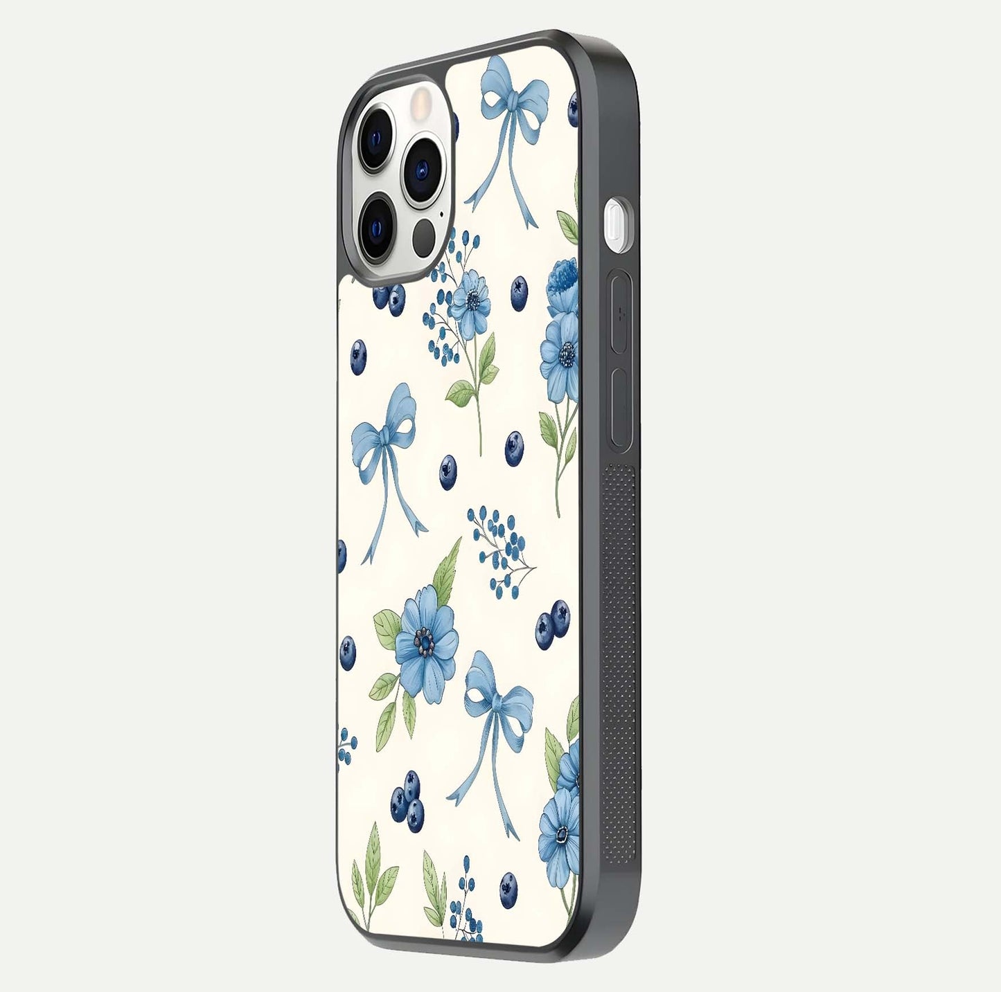 Blue Flower & Bow Glass Case for iPhone 12 Pro side-angle image showing bow-floral mix and HD finish shine