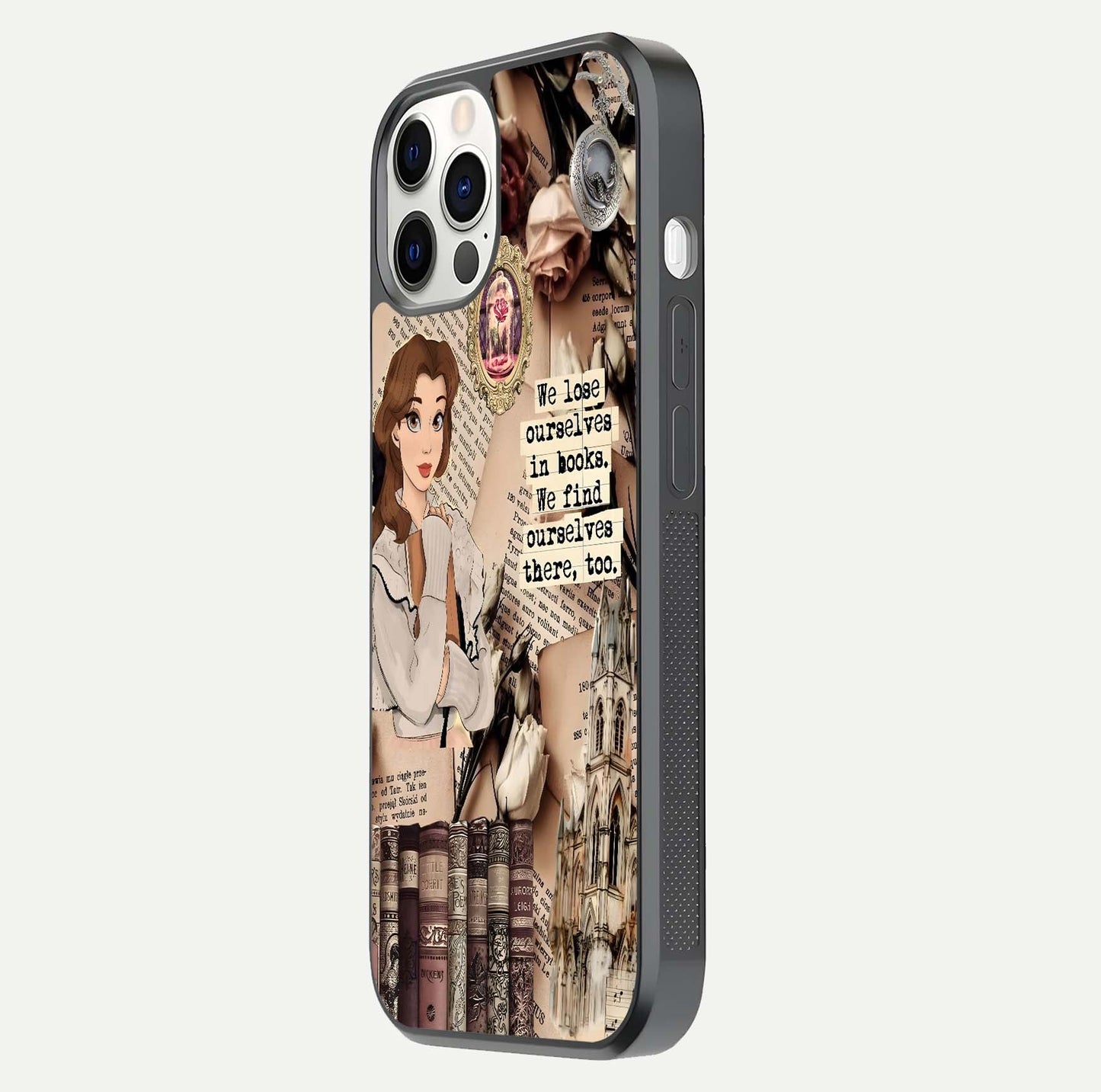 Bookish Dream World Glass Case for iPhone 12 Pro side-angle image showing detail depth and smooth corner polish