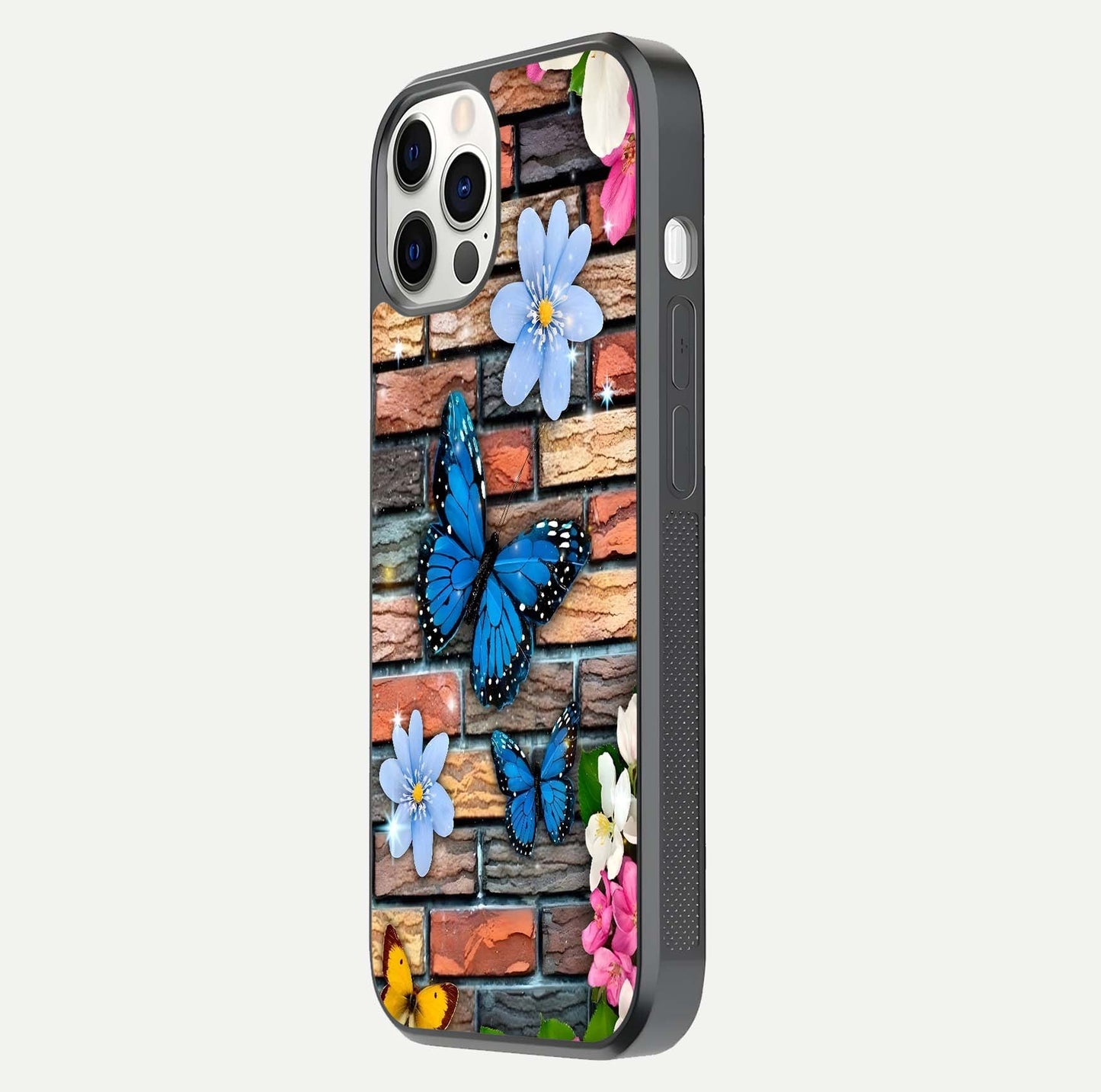 Brick Bloom Flight Glass Case for iPhone 12 Pro side-angle photo showing curve shine and detailed petal contrast
