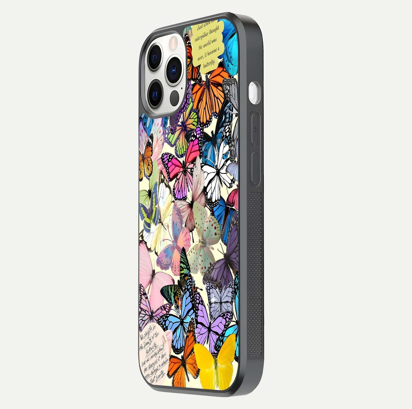 Butterflies Petal Dream Glass Case for iPhone 12 Pro side-angle shot showing butterfly motion and curved edges