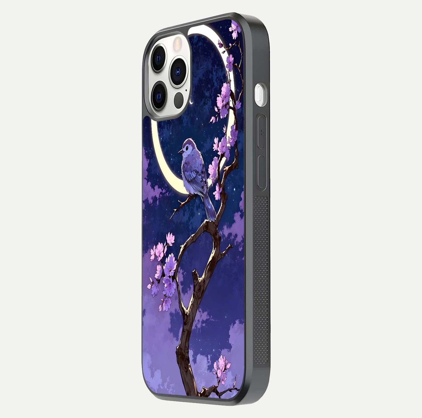 Celestial Bird Blossom Glass Case for iPhone 12 Pro side-angle image showing detailed wings and glossy polish