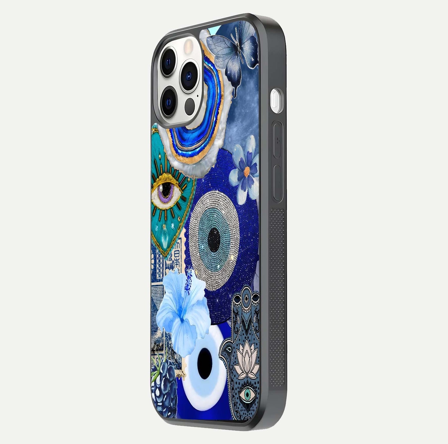 Celestial Blue Vision Glass Case for iPhone 12 Pro side-angle image capturing starlight shimmer and glass reflection