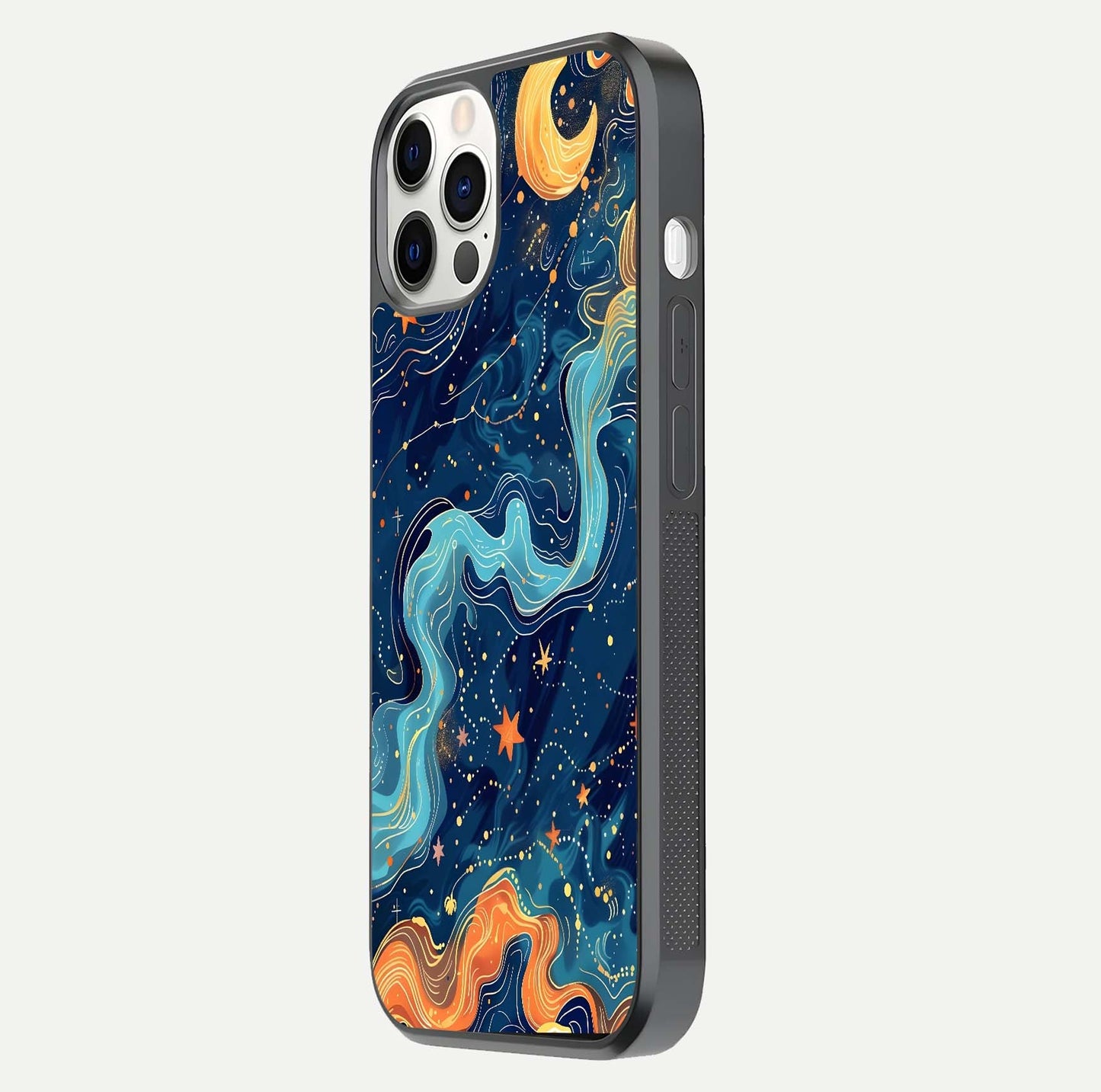 Celestial Dream Flow Glass Case for iPhone 12 Pro side-angle image capturing color swirl and glass reflection