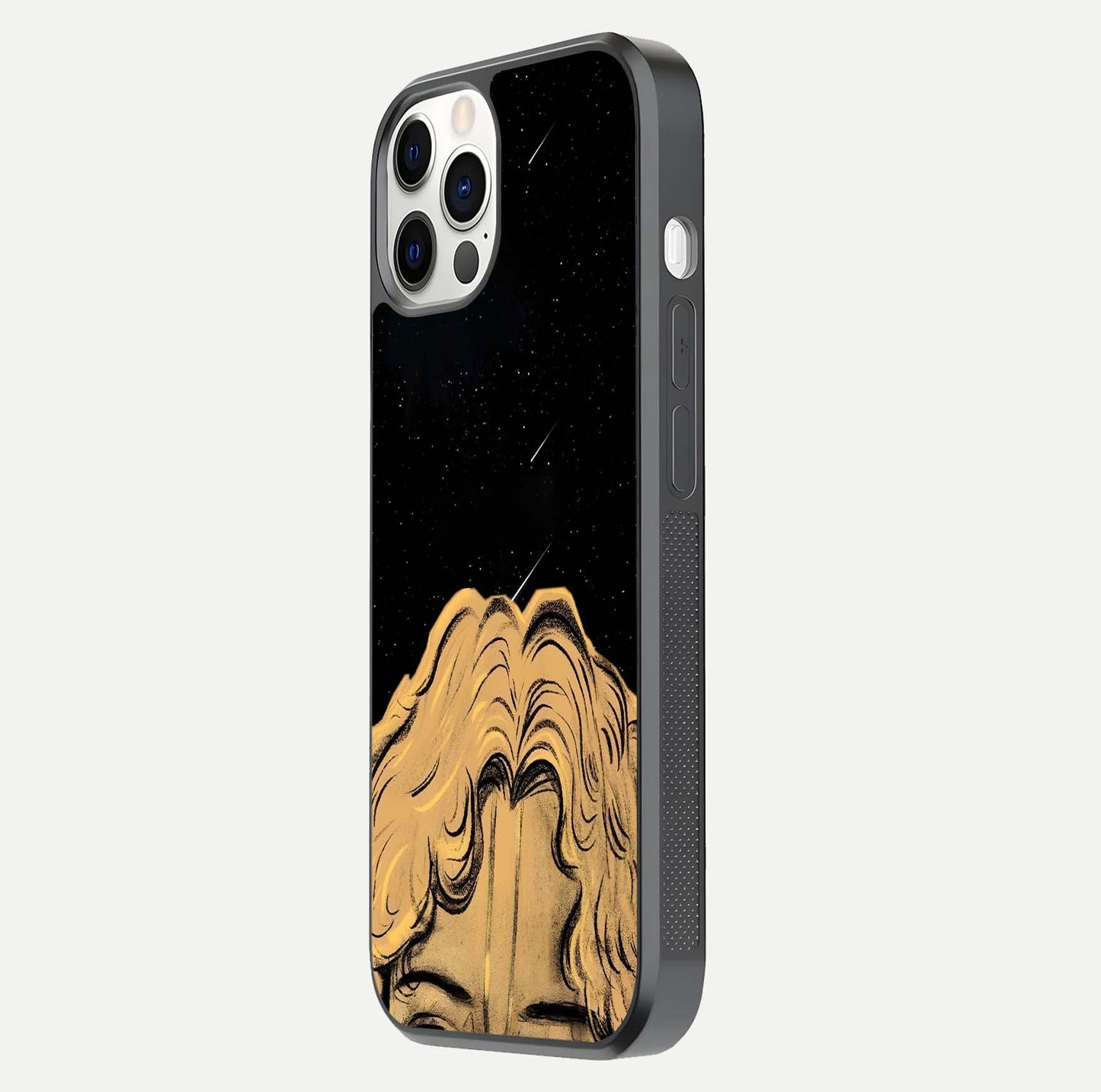 Celestial God’s Plan Glass Case for iPhone 12 Pro side-angle image showing gloss, camera frame, and cosmic tones
