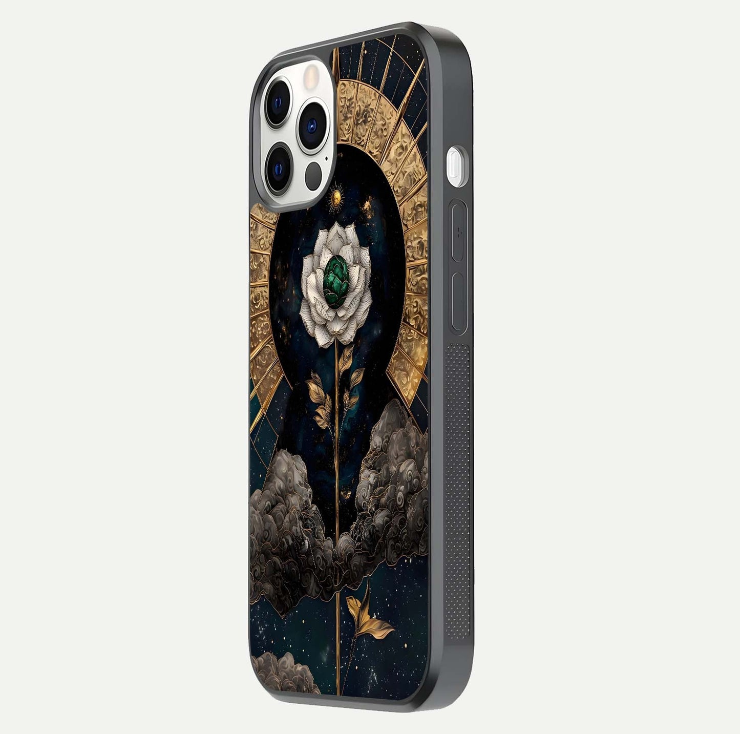 Celestial Lotus Morang Glass Case for iPhone 12 Pro side-angle image capturing shine and smooth curvature