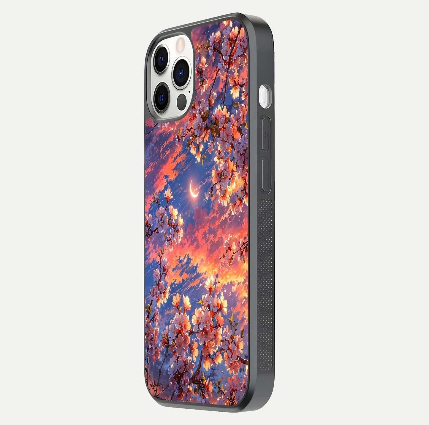 Celestial Sakura Sunset Glass Case for iPhone 12 Pro side-angle image showing edge glow and petal texture