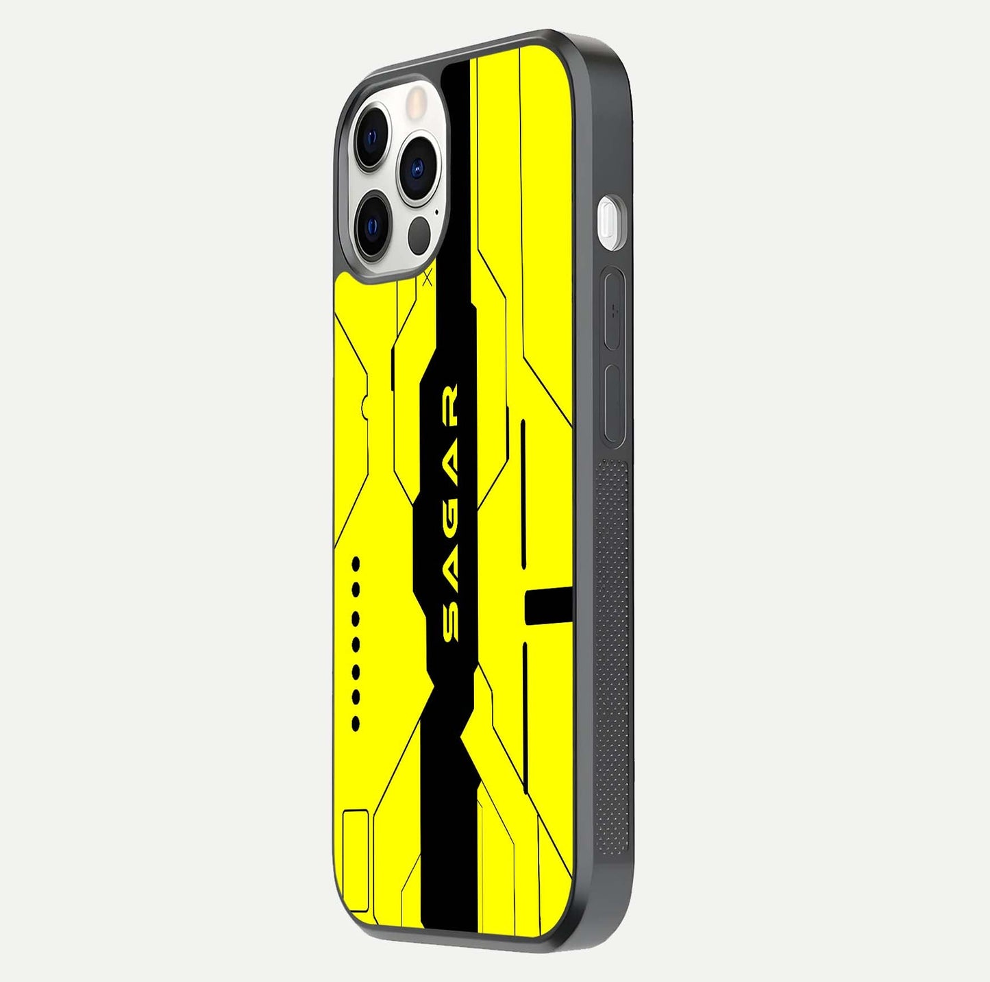 Circuit CYBERPUNK Custom Name Glass Case for iPhone 12 Pro side-angle image showing reflective finish and design precision
