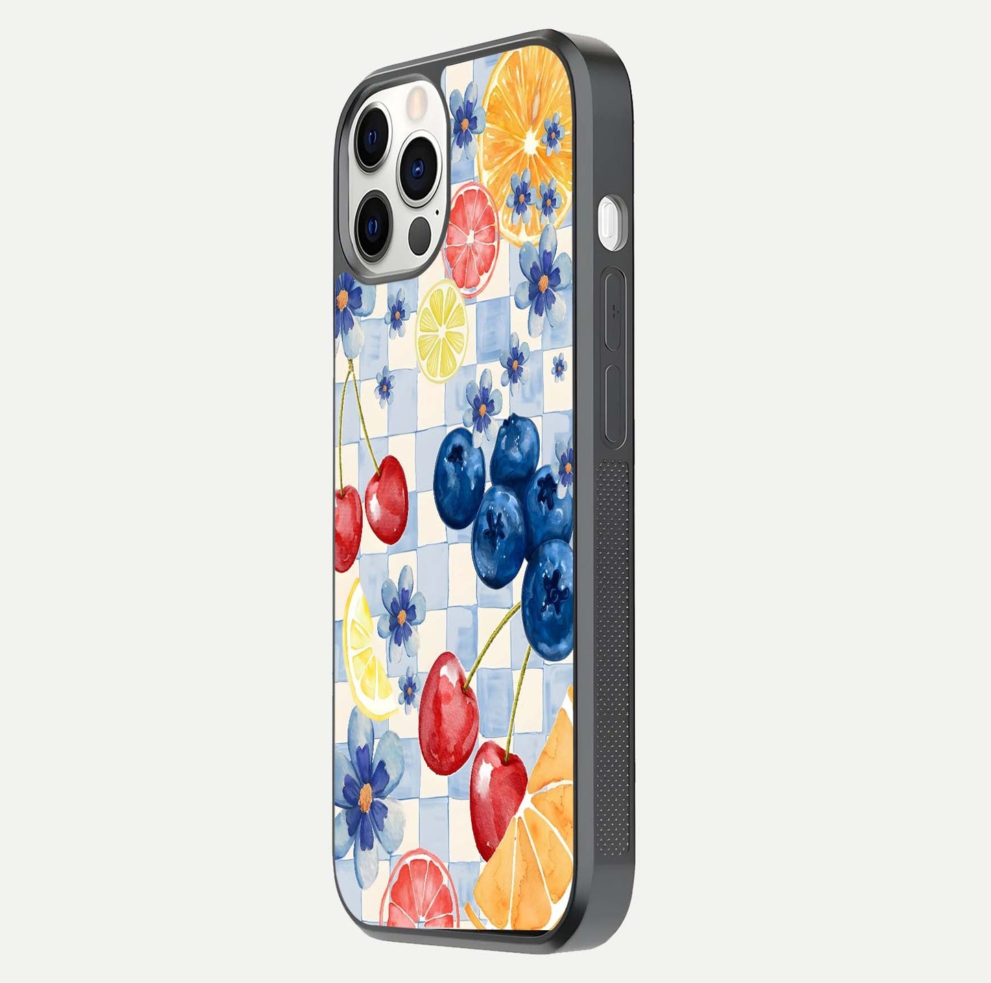 Citrus Bloom Joy Glass Case for iPhone 12 Pro side-angle photo capturing bright color and glass reflection
