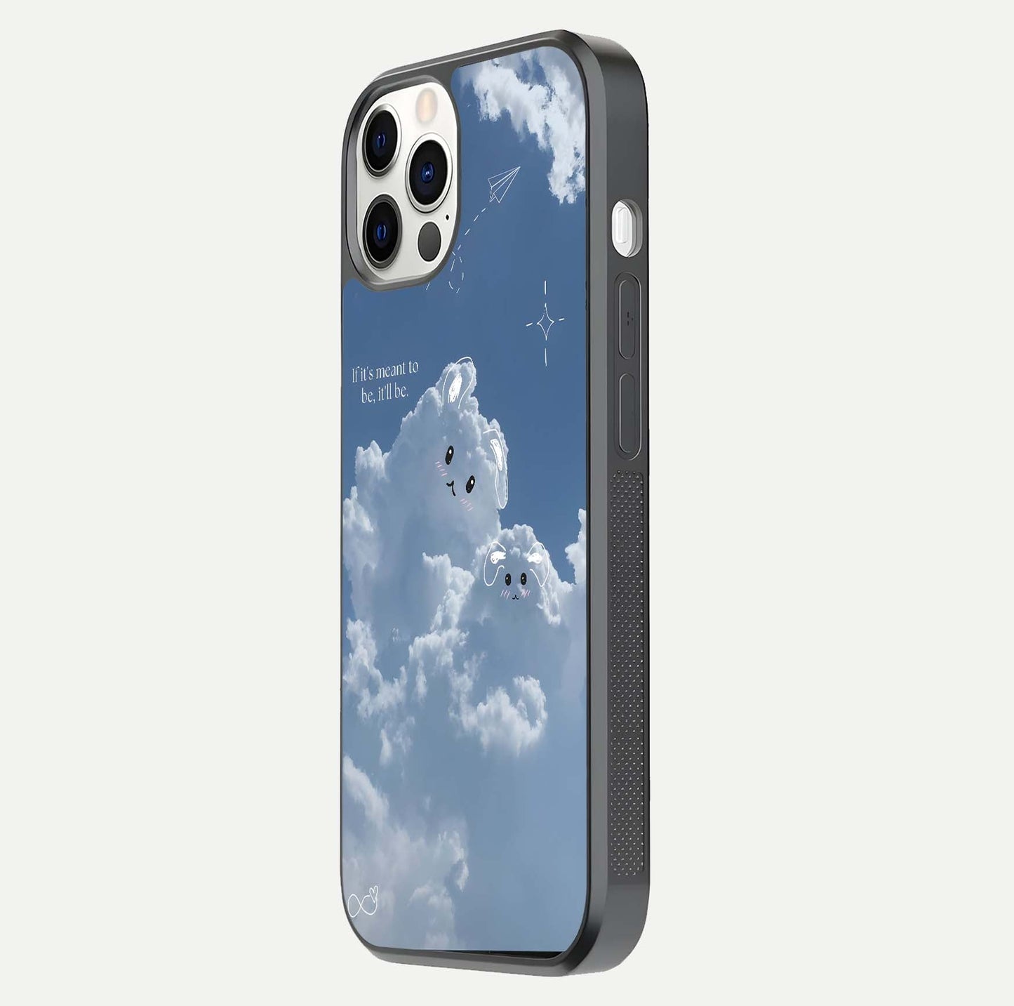 Cloud Bunny Dreams Glass Case for iPhone 12 Pro side-angle image capturing gloss texture and edge glow
