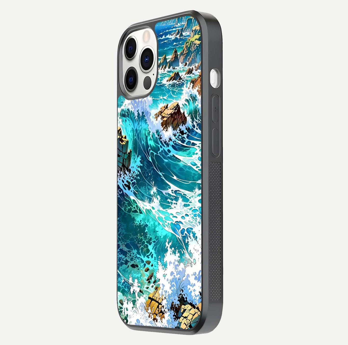 Coastal Blue Waves Glass Case for iPhone 12 Pro side-angle photo showing gloss texture and color depth