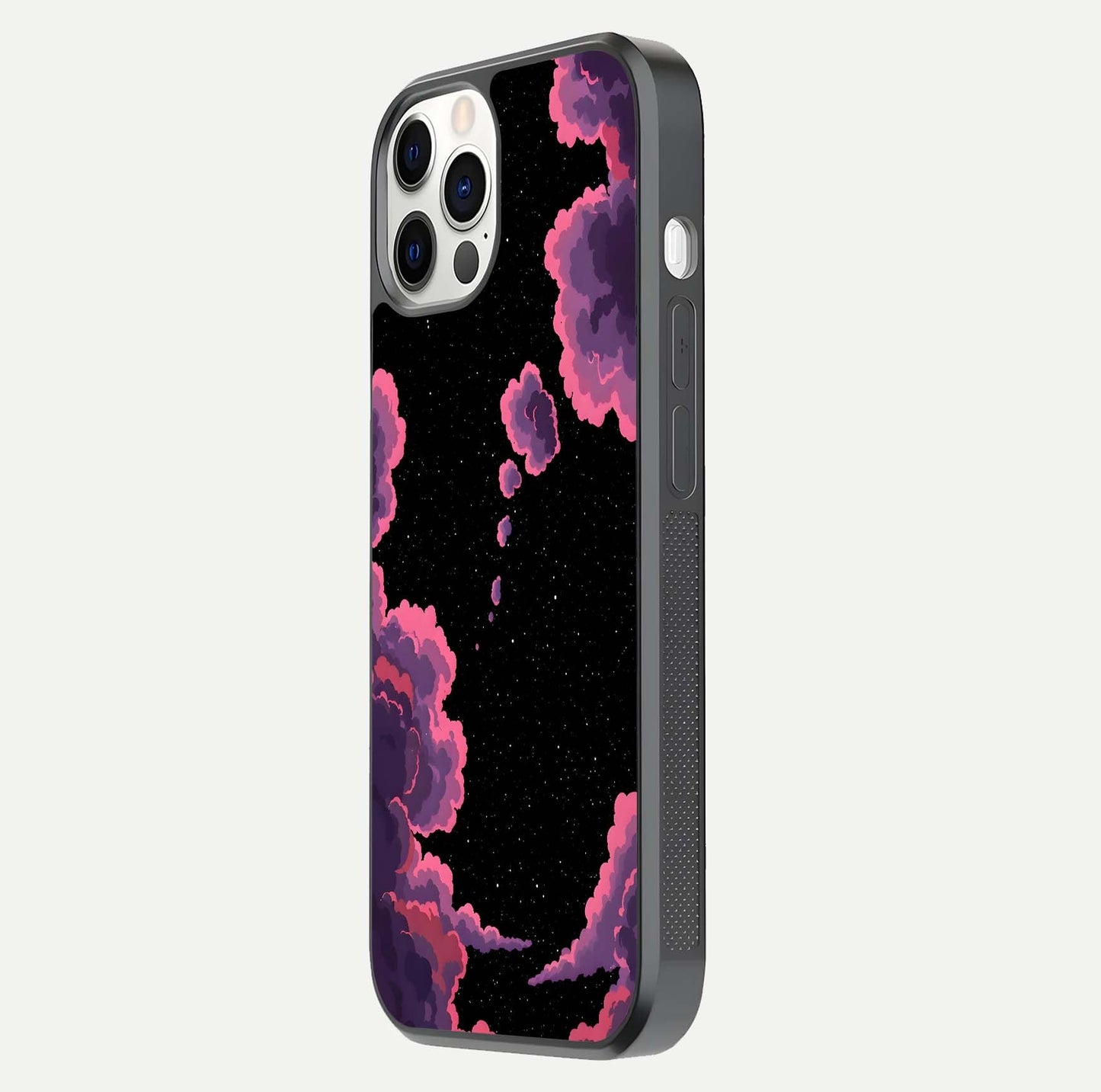 Cosmic Cloud Journey Glass Case for iPhone 12 Pro side-angle photo showing glass reflection and smooth tone
