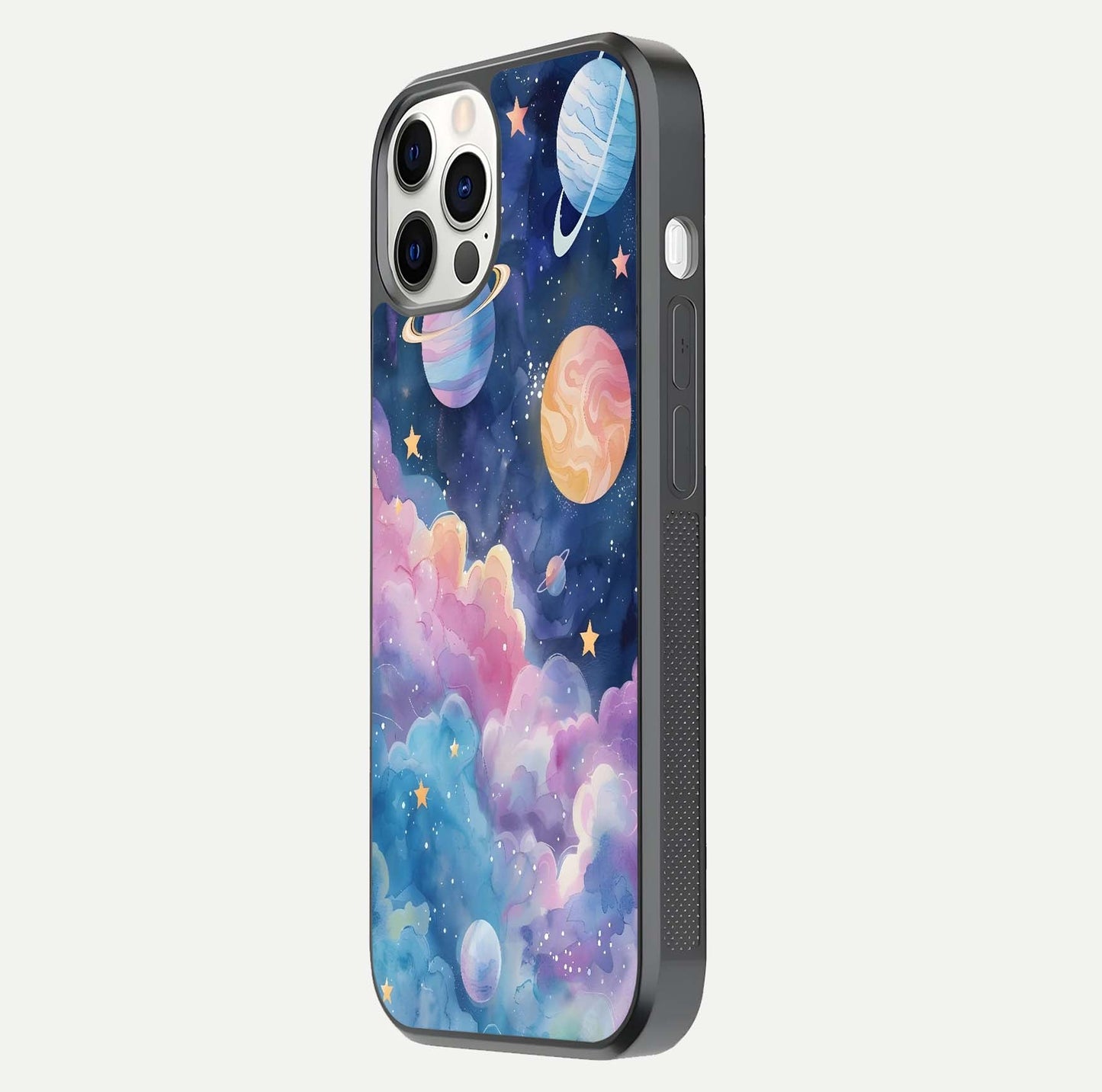 Cosmic Planet Dreams Glass Case for iPhone 12 Pro side-angle image showing texture clarity and shine