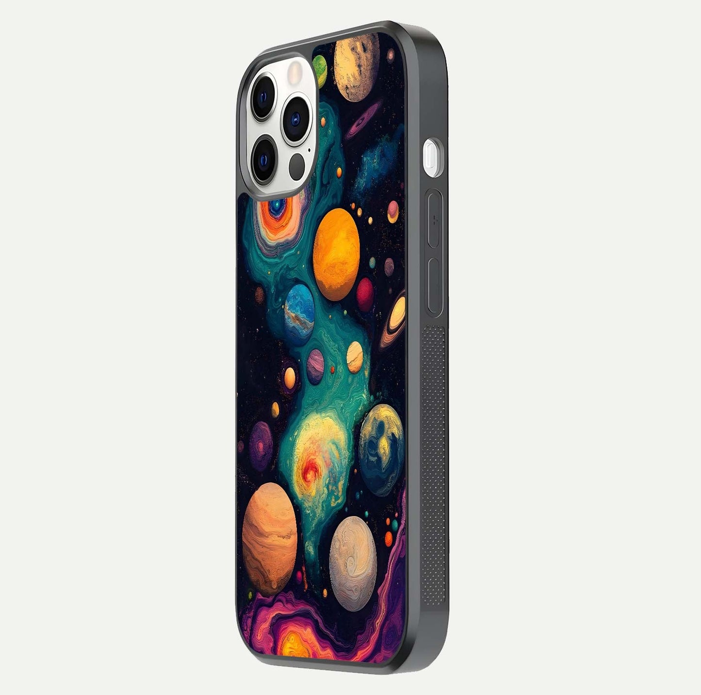 Cosmic Planet Journey Glass Case for iPhone 12 Pro side-angle image capturing smooth gloss and reflective edges